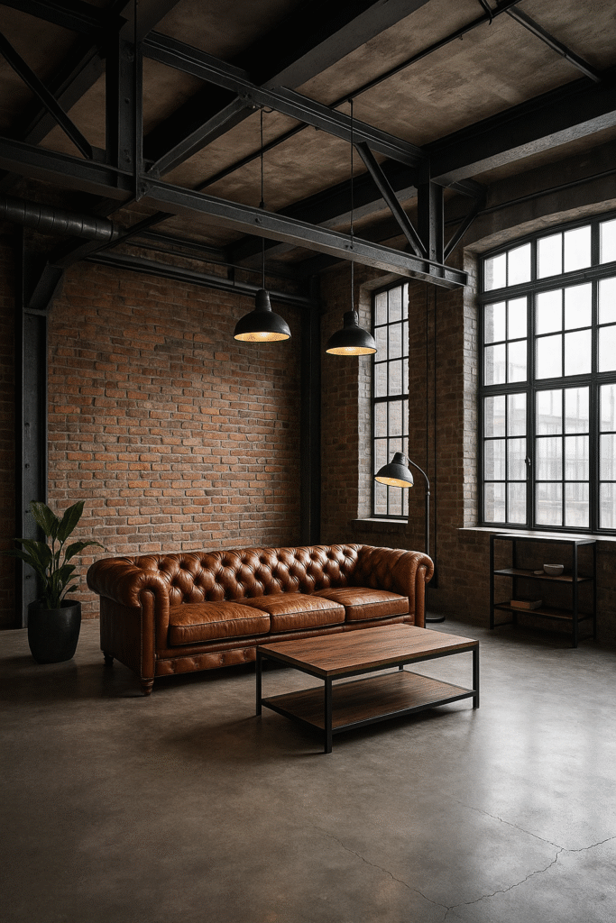 Nowoczesny loft w stylu industrialnym z cegłą, metalem i surowym wykończeniem