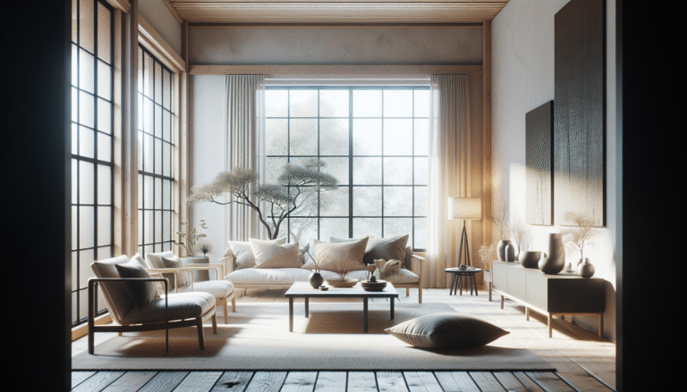 Stylowy salon w Japandi z dużymi oknami