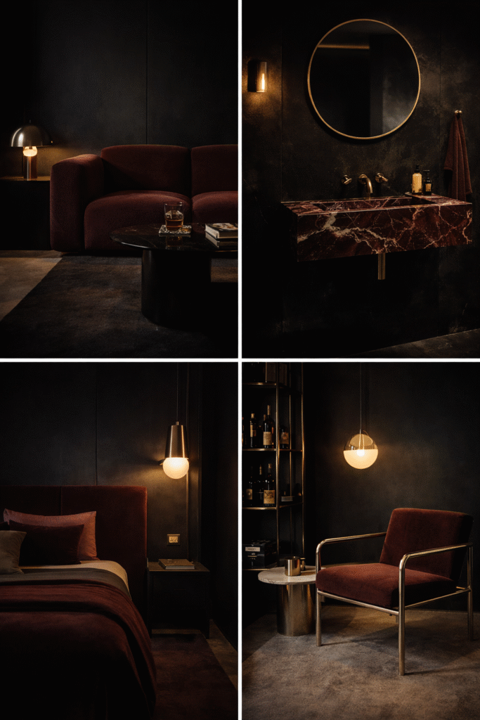 Ciemne minimalistyczne wnętrza w stylu Neo Deco z burgundem, czernią, marmurem i złotymi detalami