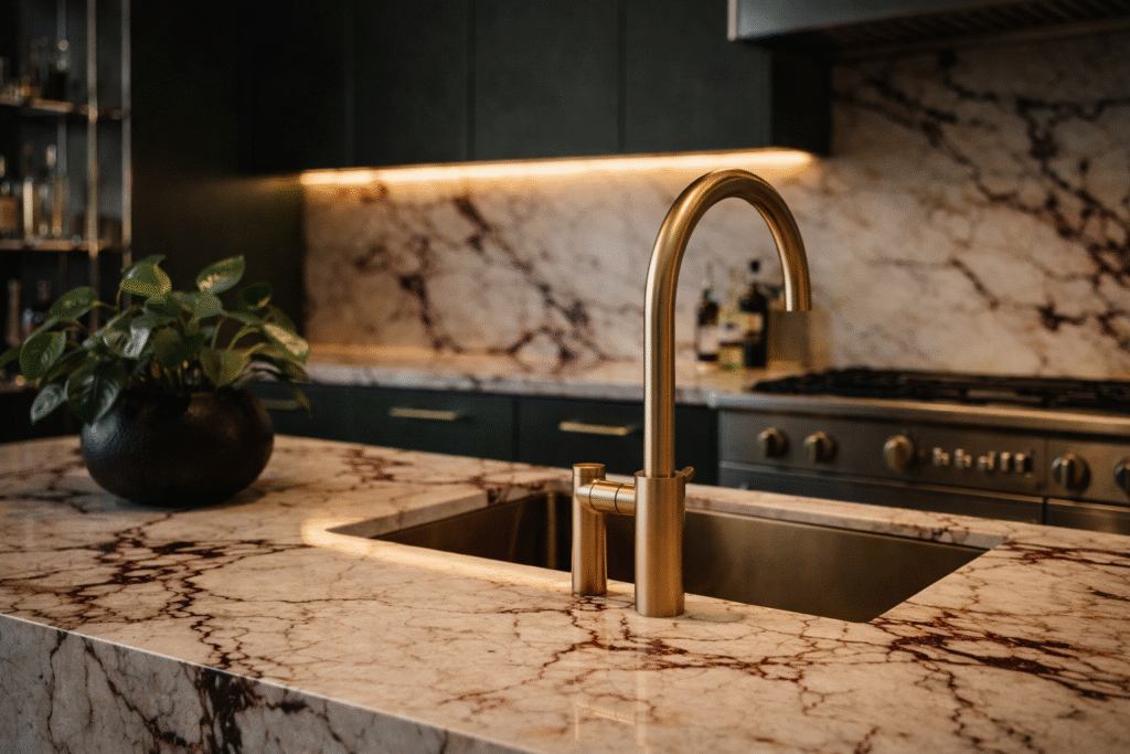 Detal kuchni w stylu Neo Deco z marmurowym blatem i złotą armaturą w eleganckim wnętrzu