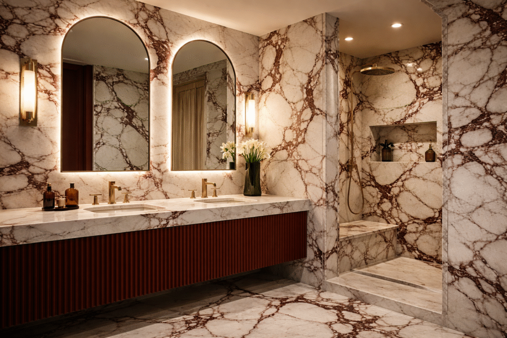 Łazienka w stylu Neo Deco z marmurowymi ścianami, złotą armaturą i łukowymi lustrami w luksusowym wydaniu