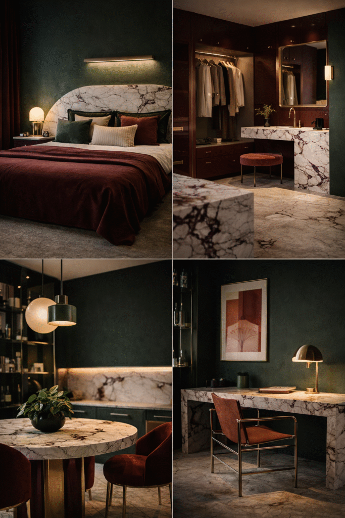 Kolaż minimalistycznych wnętrz w stylu Neo Deco z marmurem, głęboką zielenią, burgundem i metalicznymi detalami