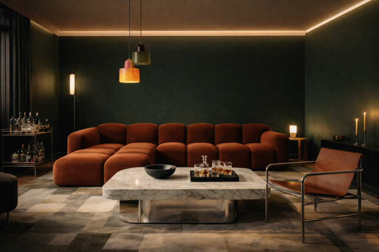 Luksusowy salon w stylu Neo Deco z burgundową sofą, butelkową zielenią, geometrycznym oświetleniem i marmurowym stolikiem